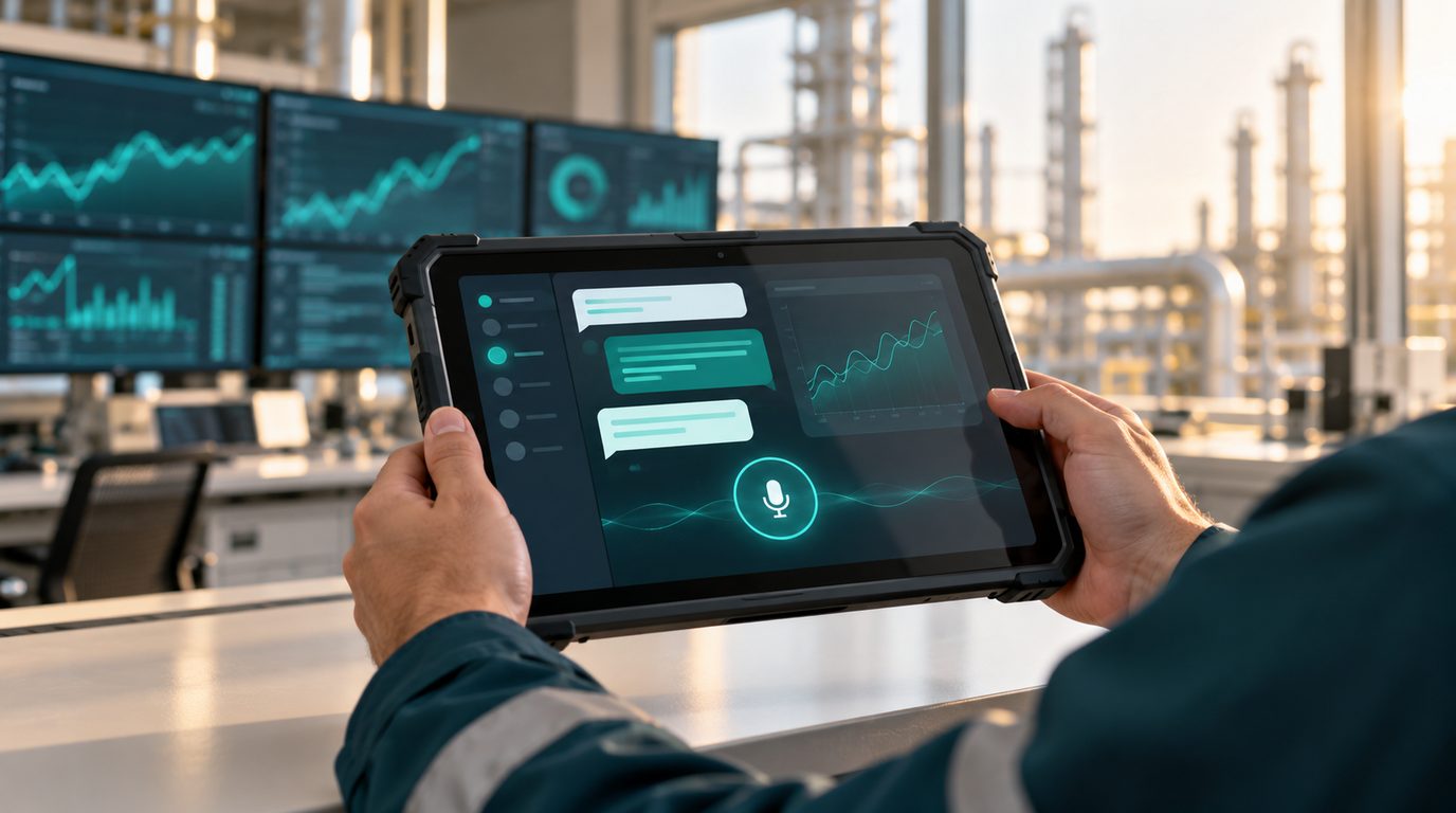 An engineer holding a tablet showing a chat with teal message bubbles and a small chart in a bright control room