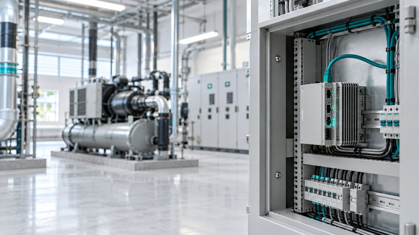 A DIN-rail edge gateway in an open panel with an Ethernet uplink, chiller plant and a switchboard behind it