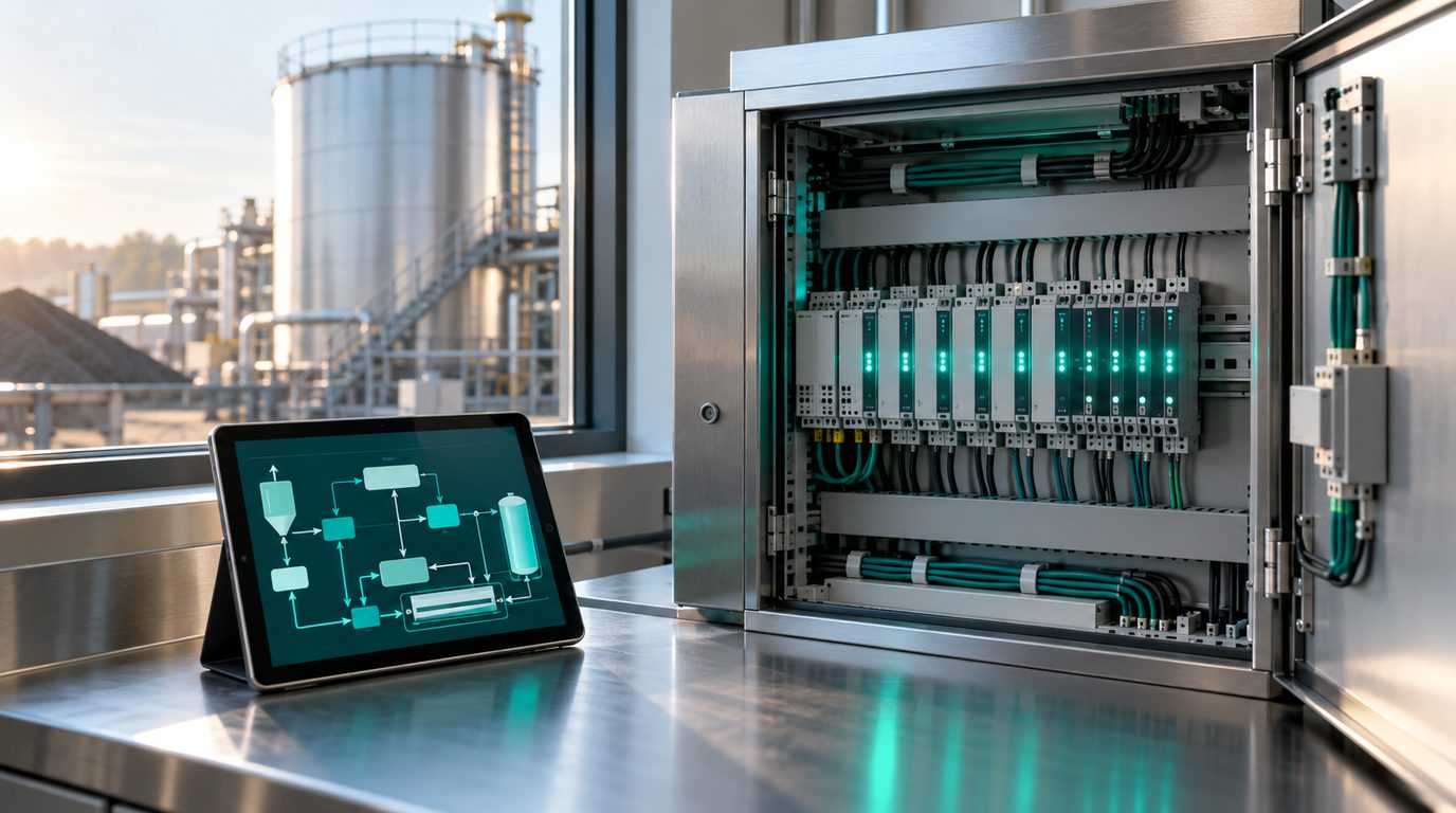 An open control cabinet with a row of DIN-rail relay modules lit in teal and a tablet showing a flowchart of connected blocks