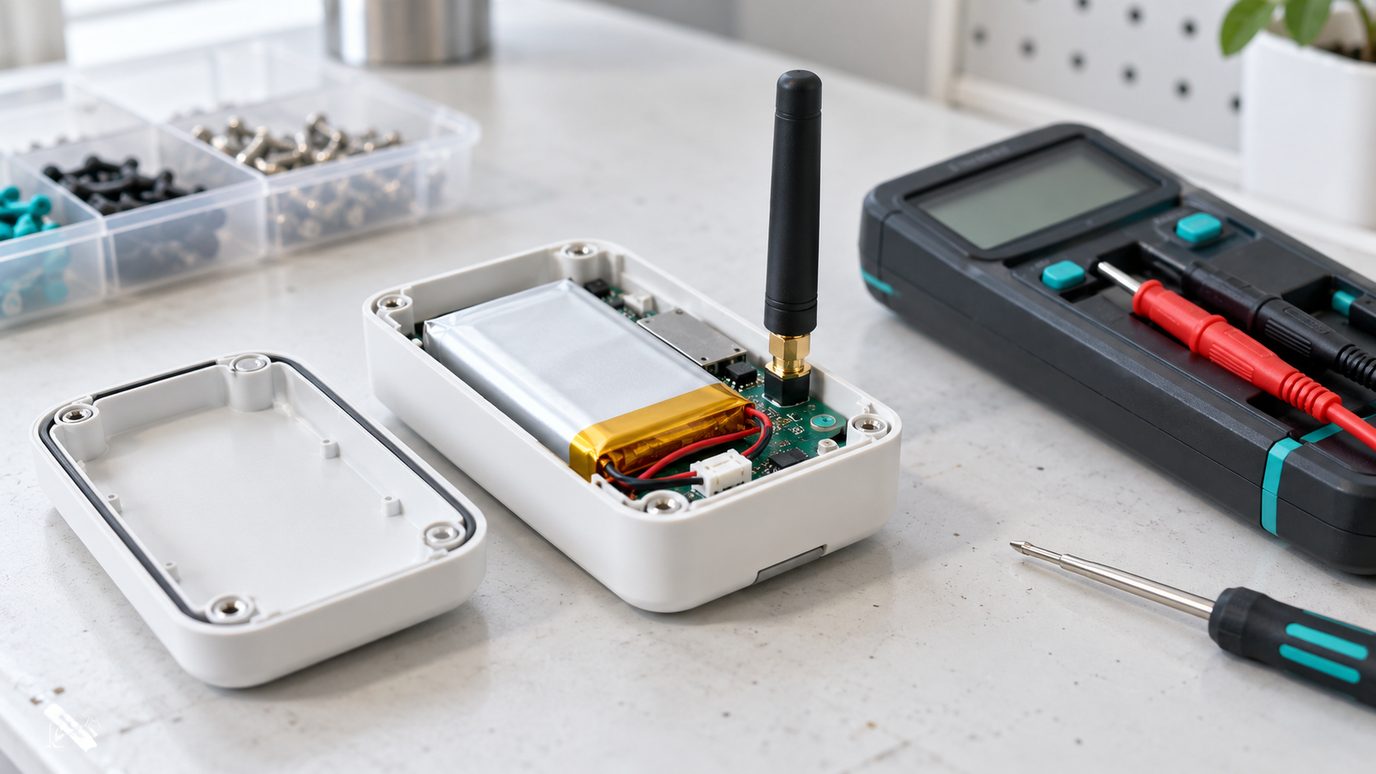 A LoRaWAN sensor opened to show its battery pack and antenna on a workshop bench