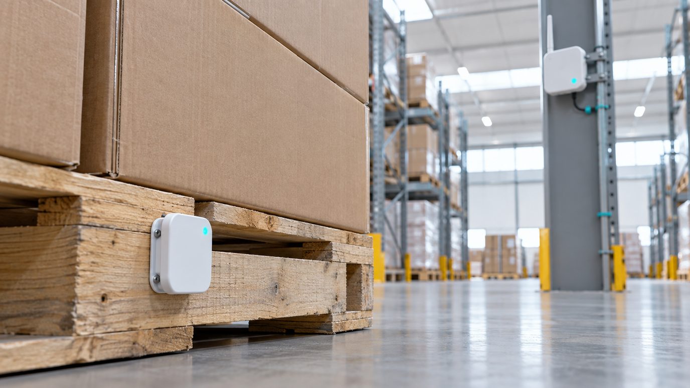 A Bluetooth beacon tag fixed to a pallet in a warehouse aisle with a gateway high on a column