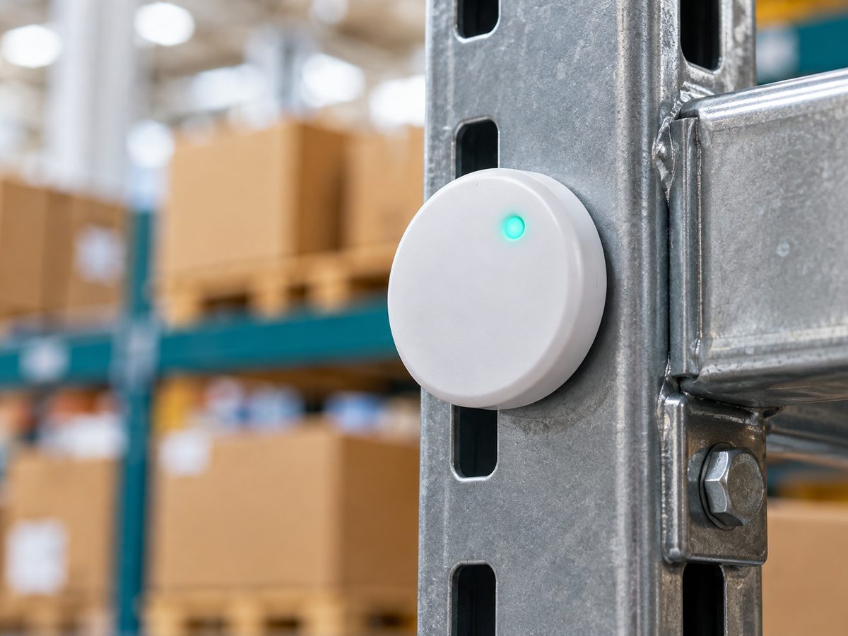 A small round Bluetooth Low Energy beacon tag on a metal shelf bracket