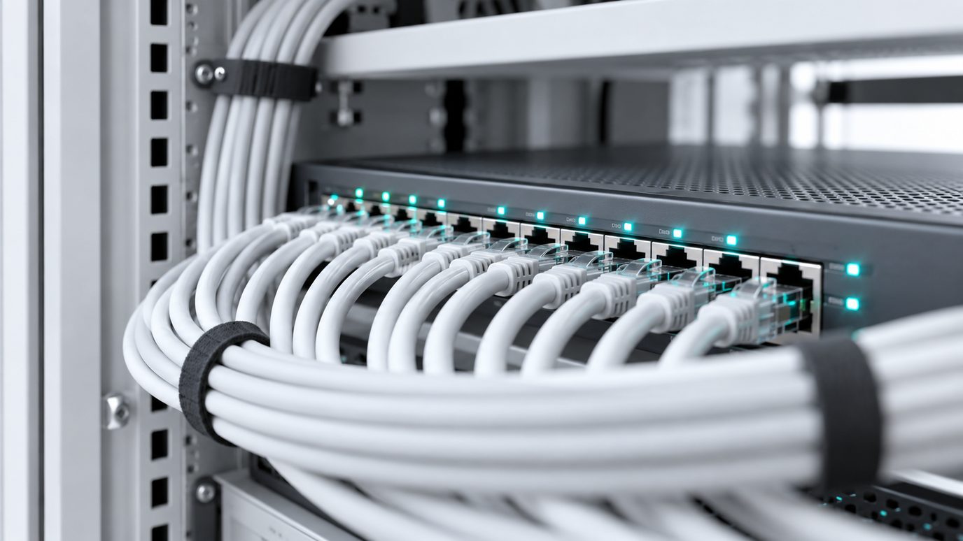 Patch cables neatly bundled into a network switch with teal link lights