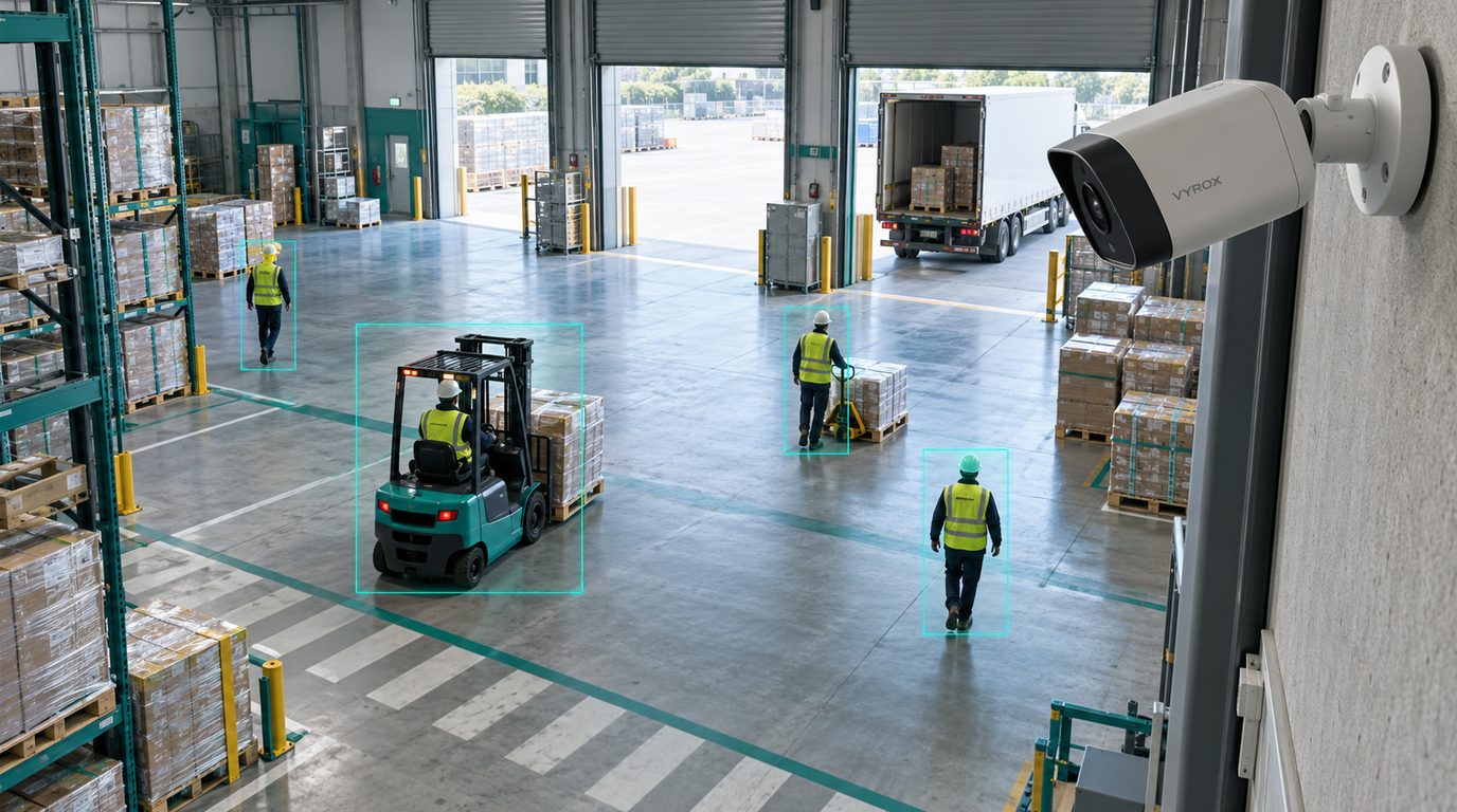 A loading bay seen from a high security camera with teal outlines around workers and a forklift from video analytics