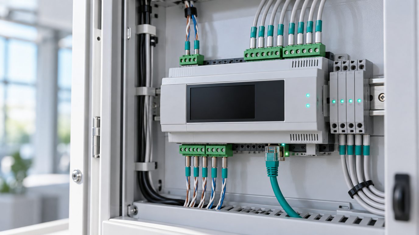 A building automation controller on a DIN rail with RS-485 terminals and sensor cables entering the panel