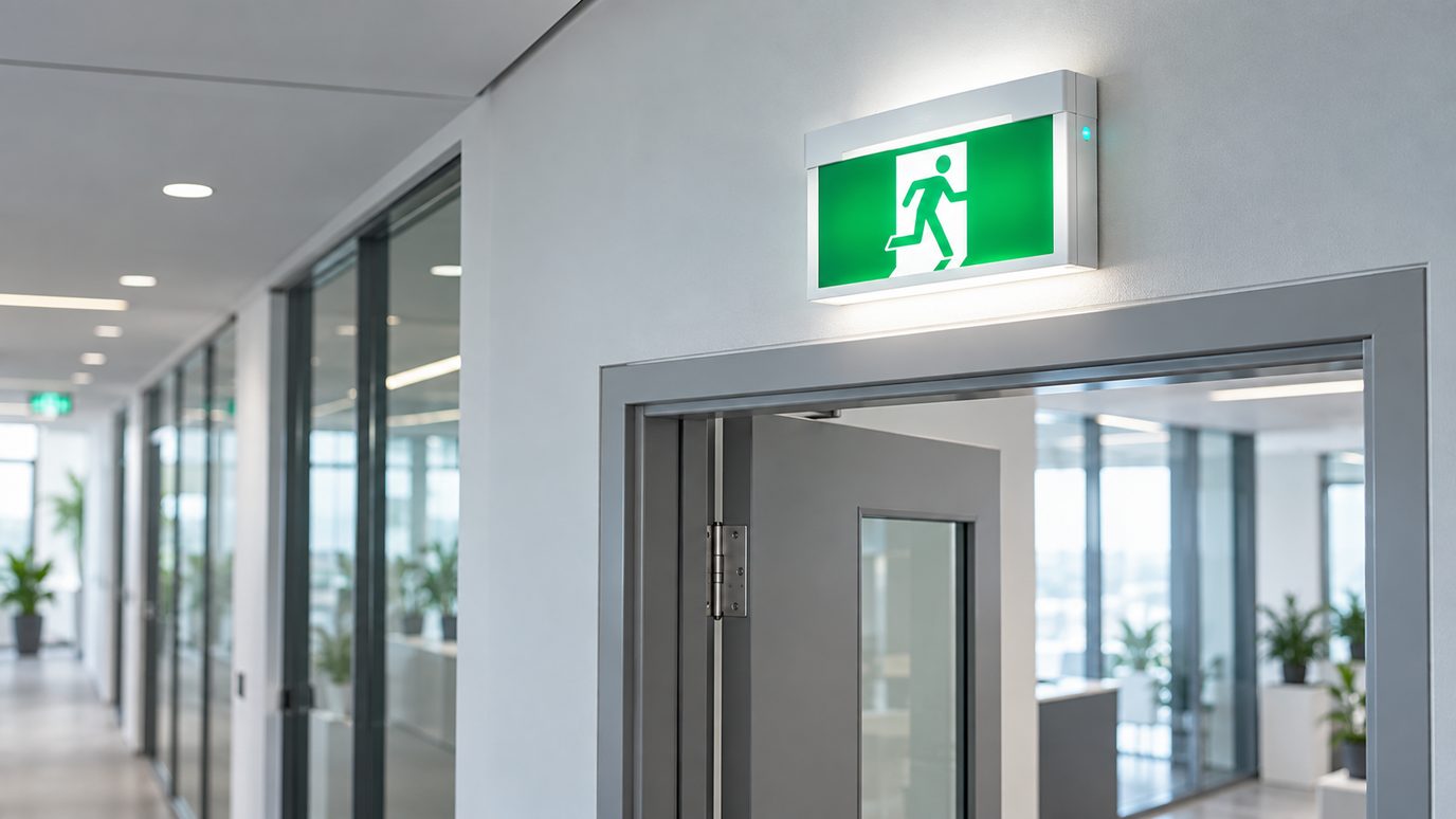 A green emergency exit luminaire above a door in a bright office corridor