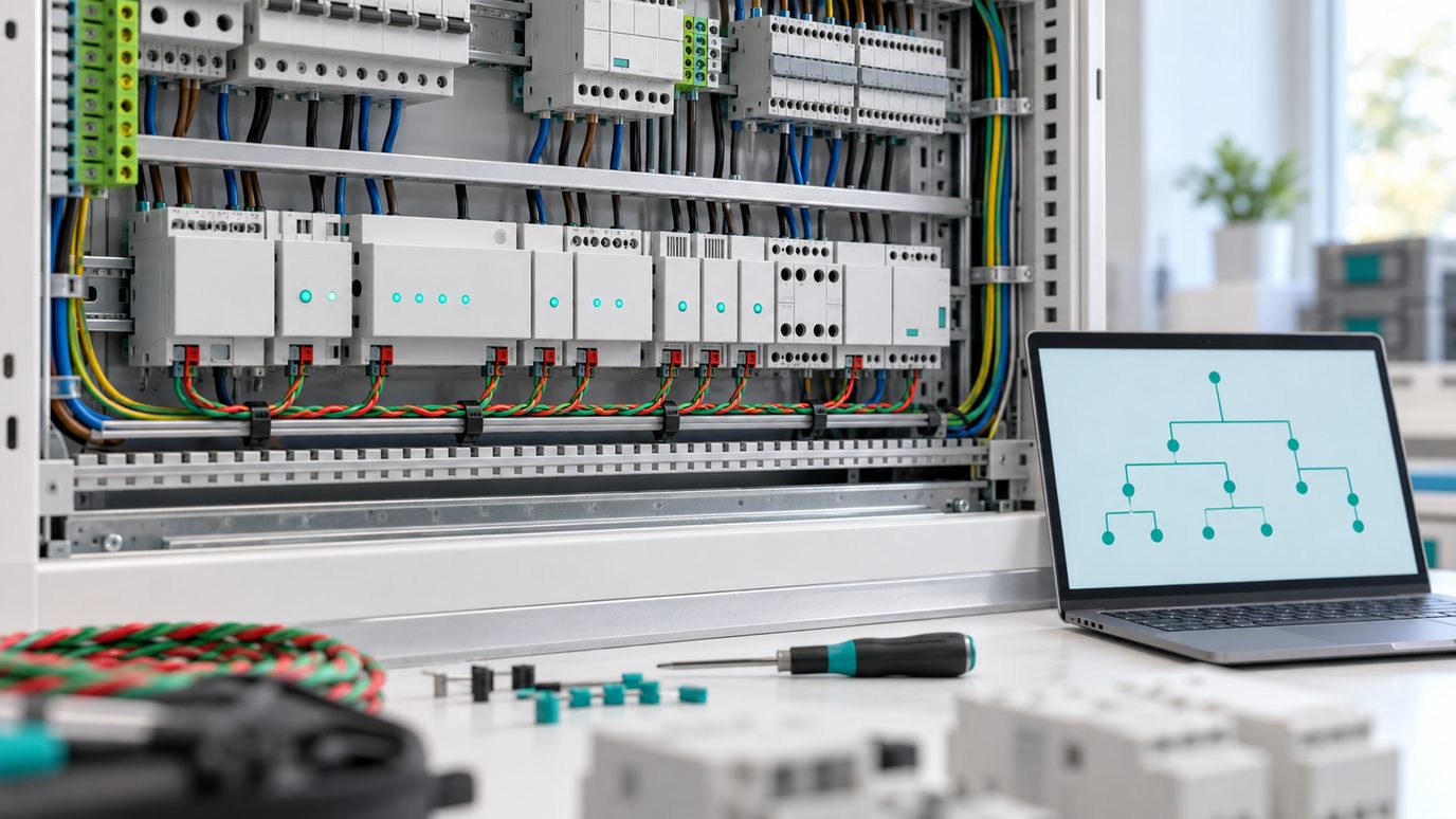 An open distribution board with KNX bus devices on DIN rail and the green and red KNX bus cable