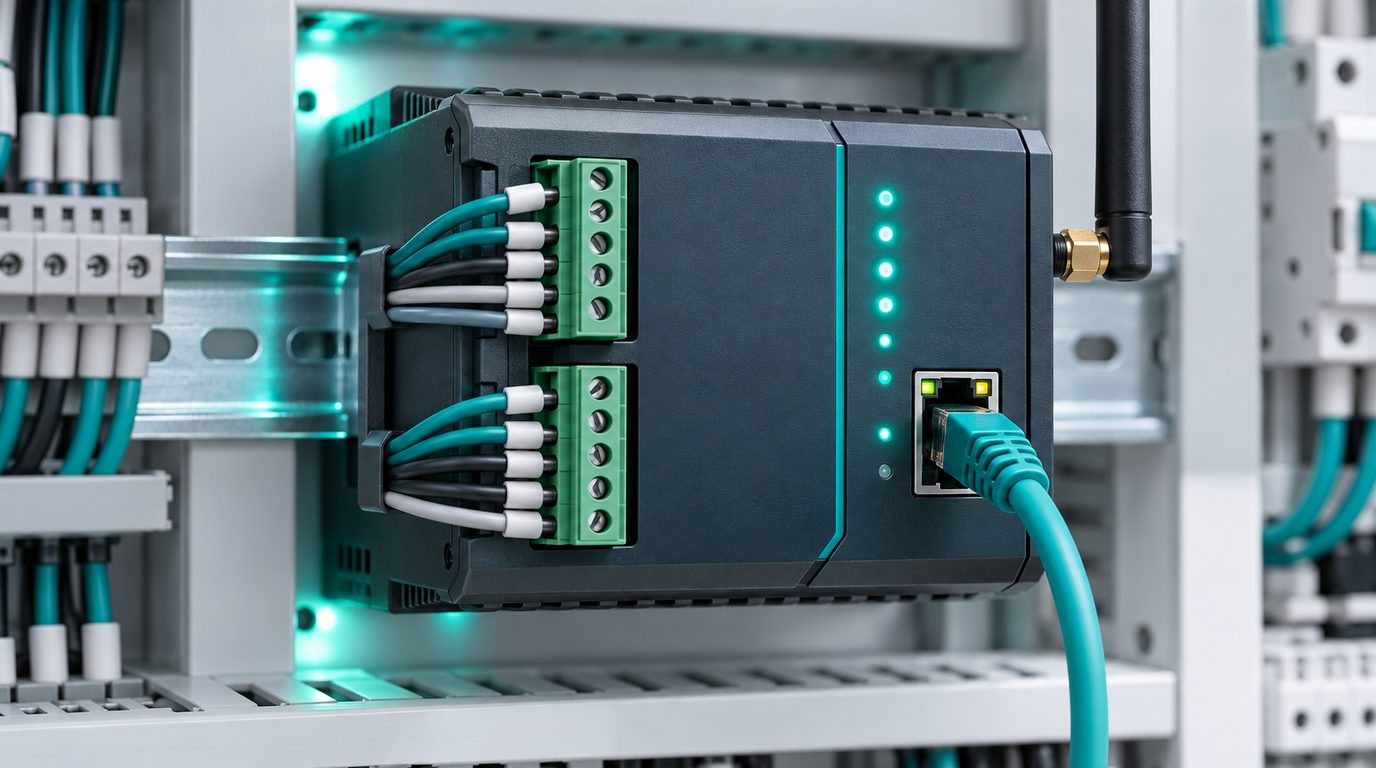 A DIN-rail IoT gateway with RS-485 terminal blocks