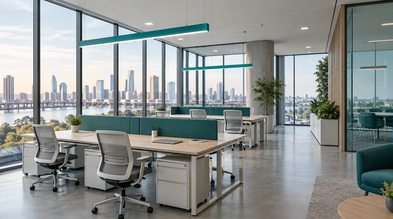 Rows of linear luminaires over desks in a bright open-plan office