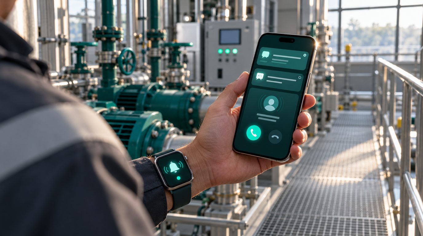 A supervisor holding a phone showing stacked alert notifications and an incoming call, with a smartwatch showing the same alert