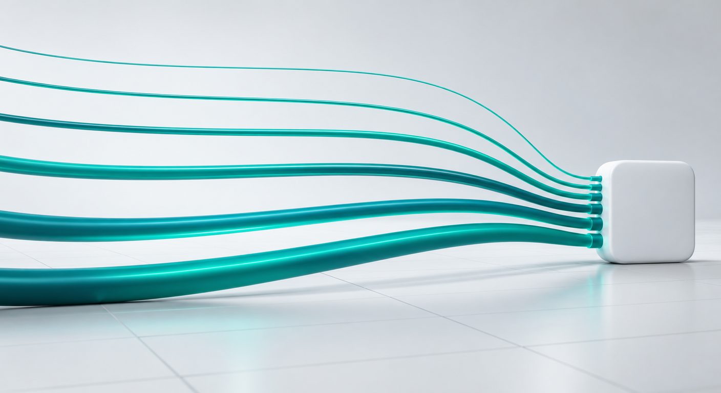 Six teal cables of different thicknesses converging into one small white hub, a picture of many sources joining one broker
