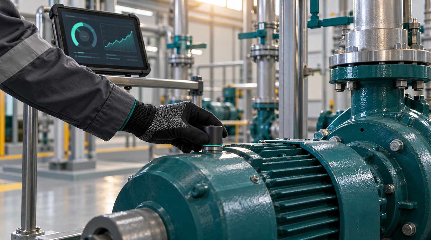 A technician placing a vibration sensor on a pump motor with a tablet showing a health gauge and a rising forecast line