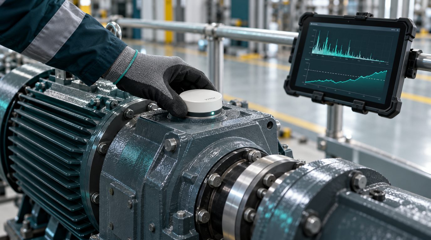 A gloved hand fitting a wireless vibration sensor to a motor bearing housing, with a tablet showing a rising anomaly score