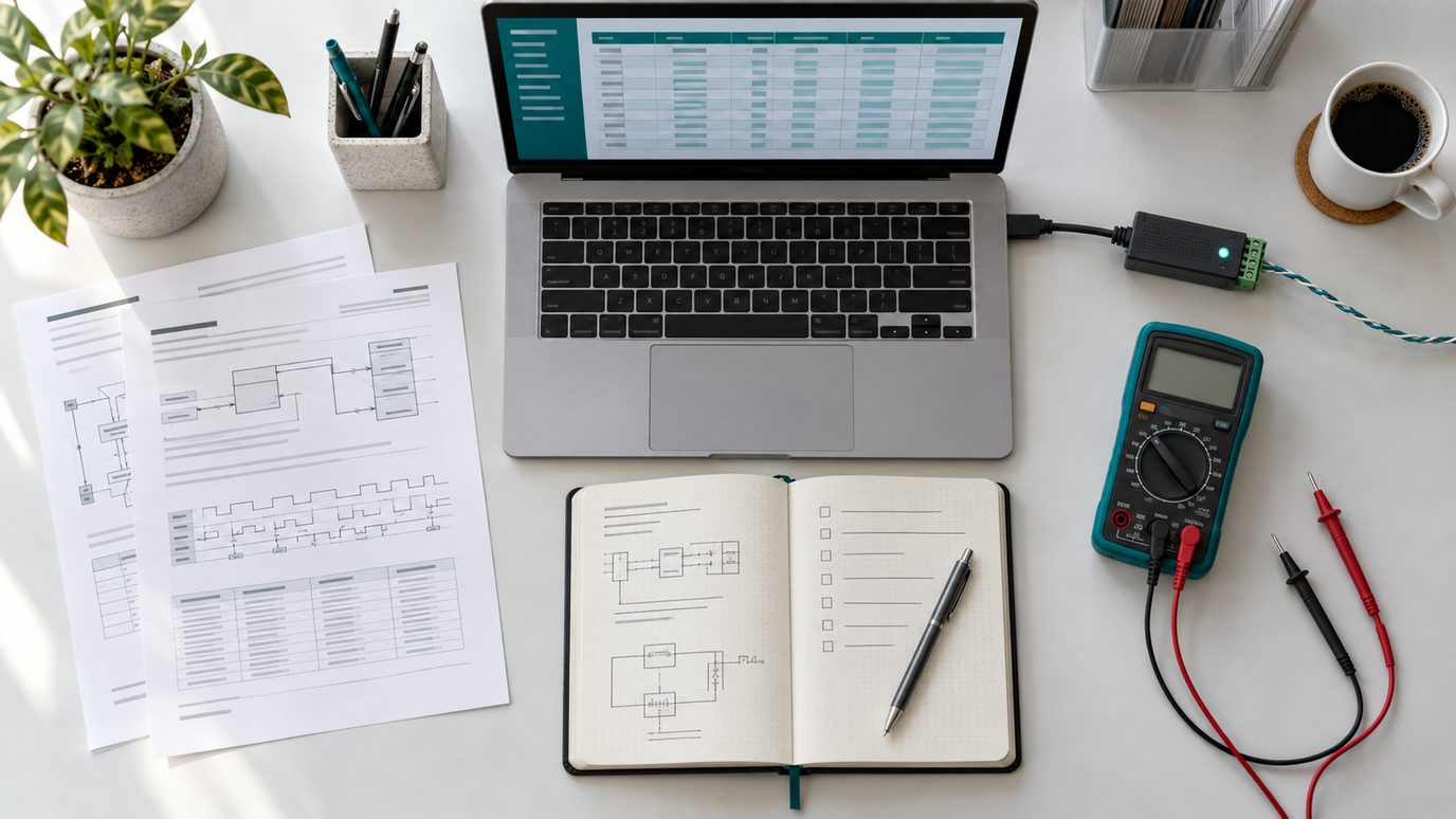 A desk with printed protocol specification sheets, a laptop showing a table, a USB serial converter and a multimeter