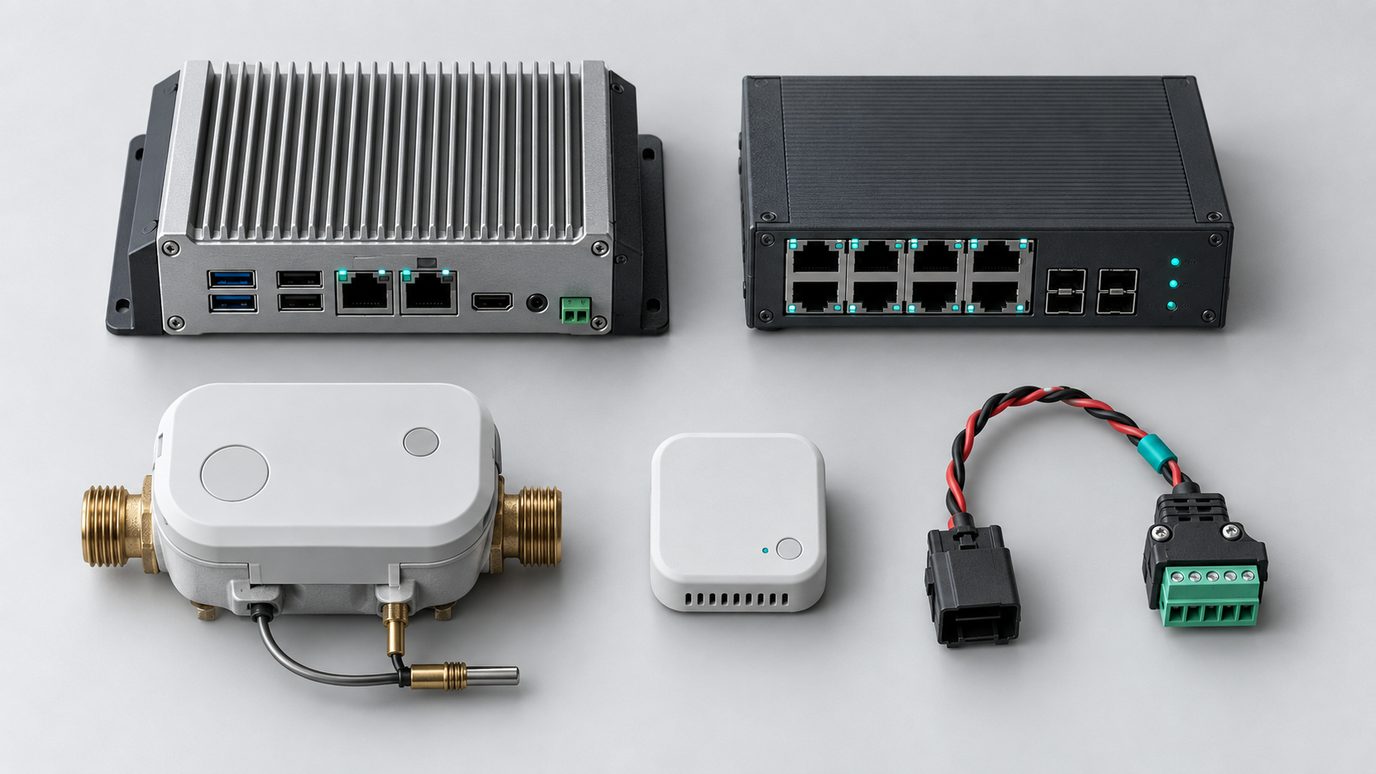 Industrial communication hardware laid out in a grid: an industrial PC, a managed switch, a heat meter, a small sensor and a CAN connector