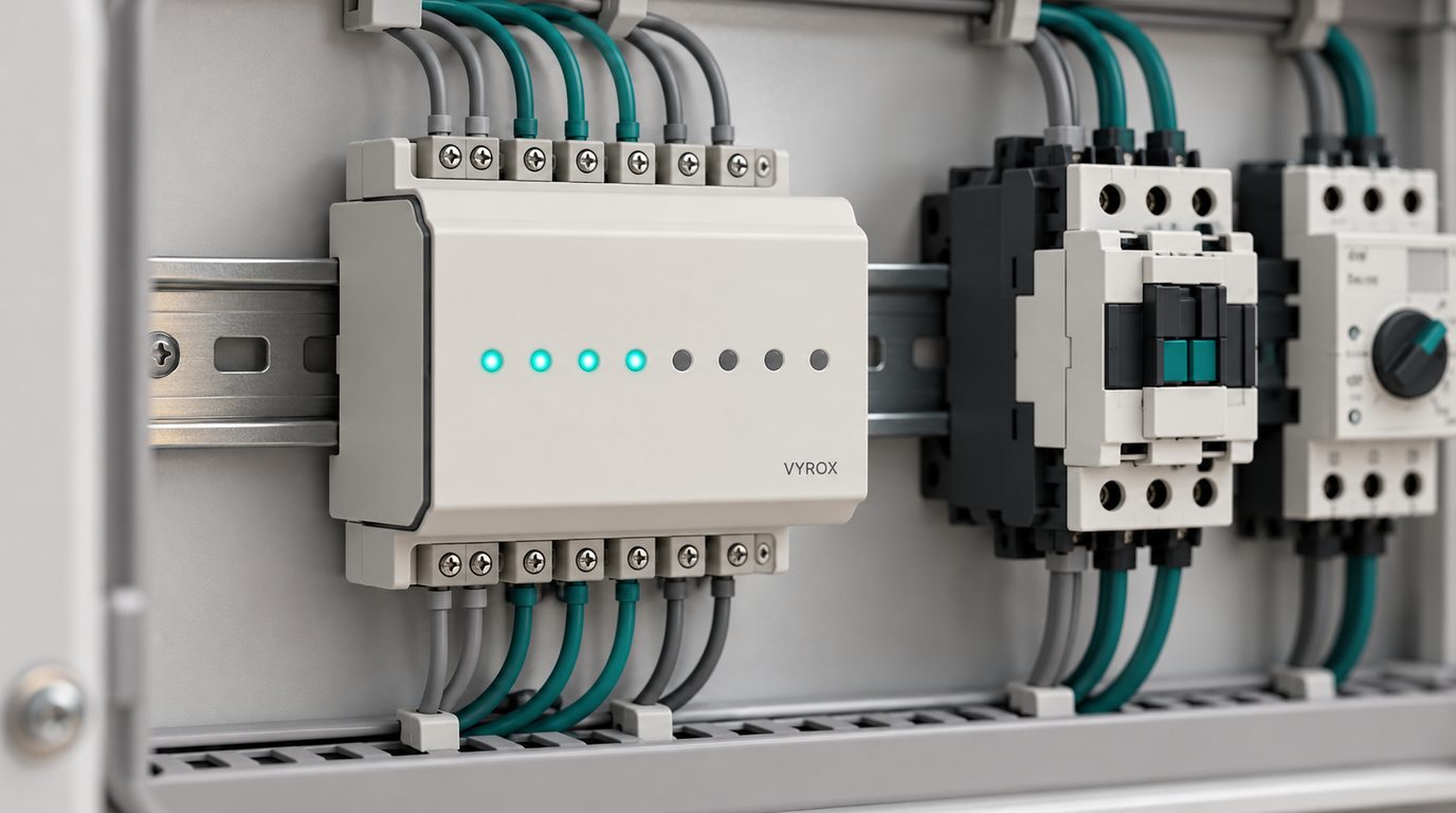 An eight-channel industrial relay controller on a DIN rail with four teal status lights and neatly dressed wiring