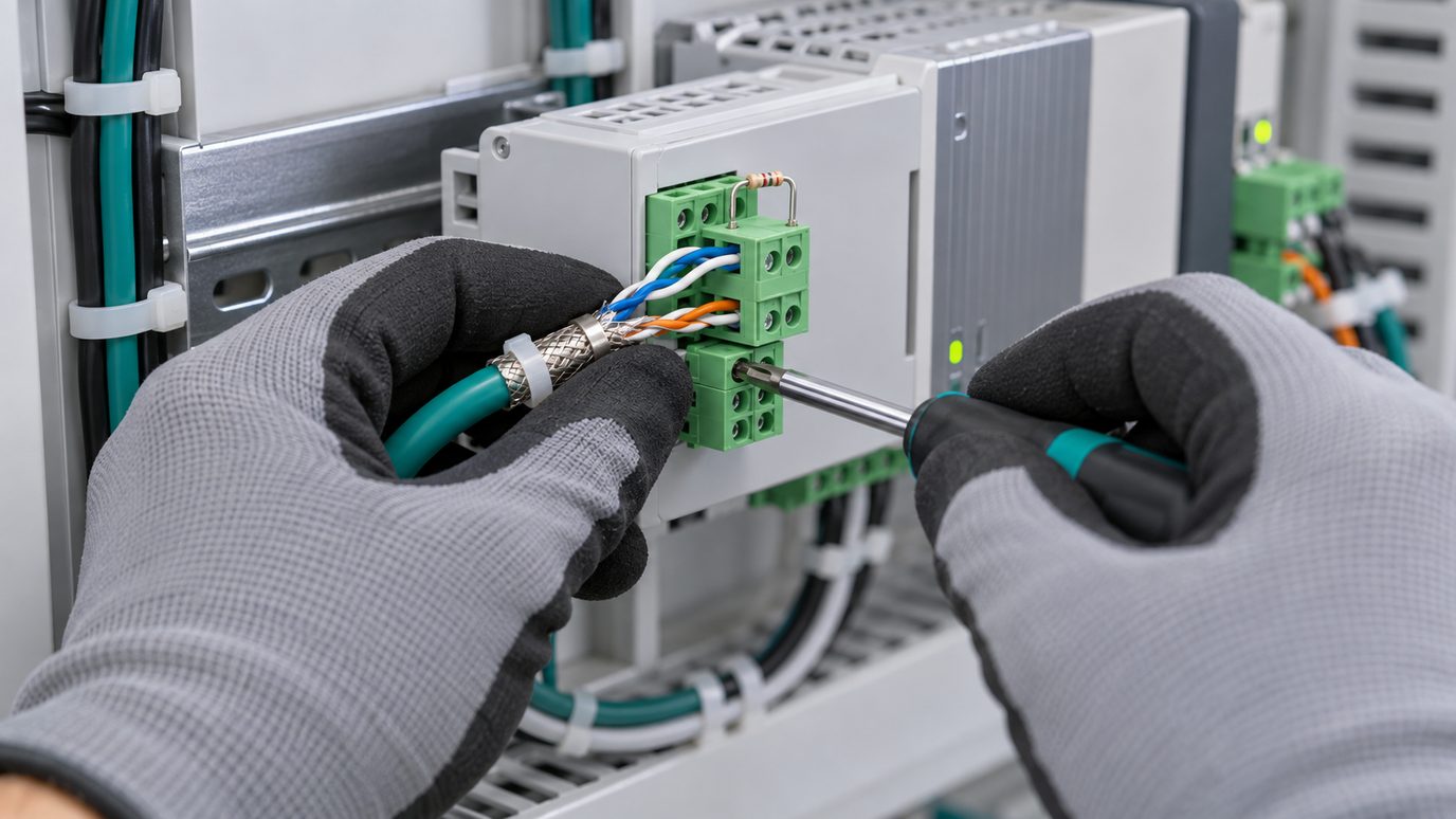 Gloved hands fastening a shielded twisted pair cable into green terminal blocks on a DIN-rail device