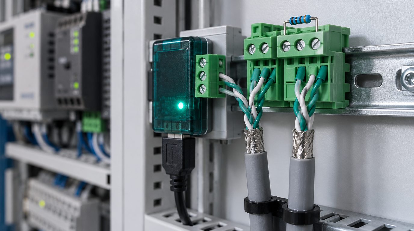 A shielded twisted-pair RS-485 cable landing on green terminal blocks beside a termination resistor and a small USB serial converter
