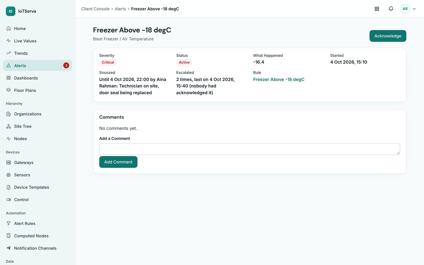 An alert page showing a critical alert that was escalated twice and snoozed with a technician note