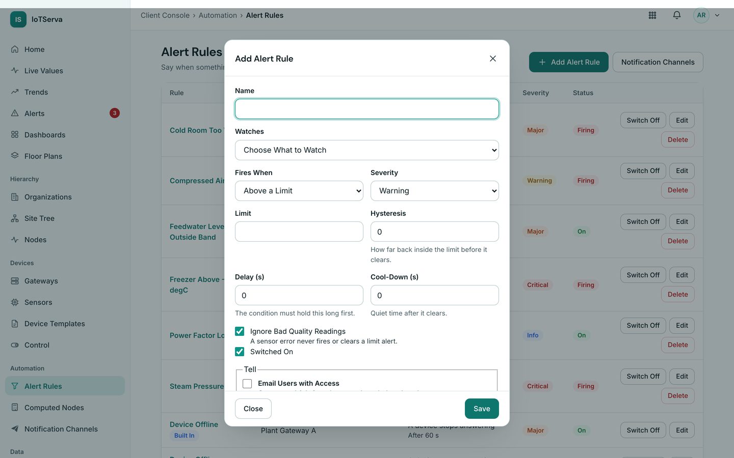 The Edit Alert Rule dialog with target, rule type, limit, severity, delay and escalation settings
